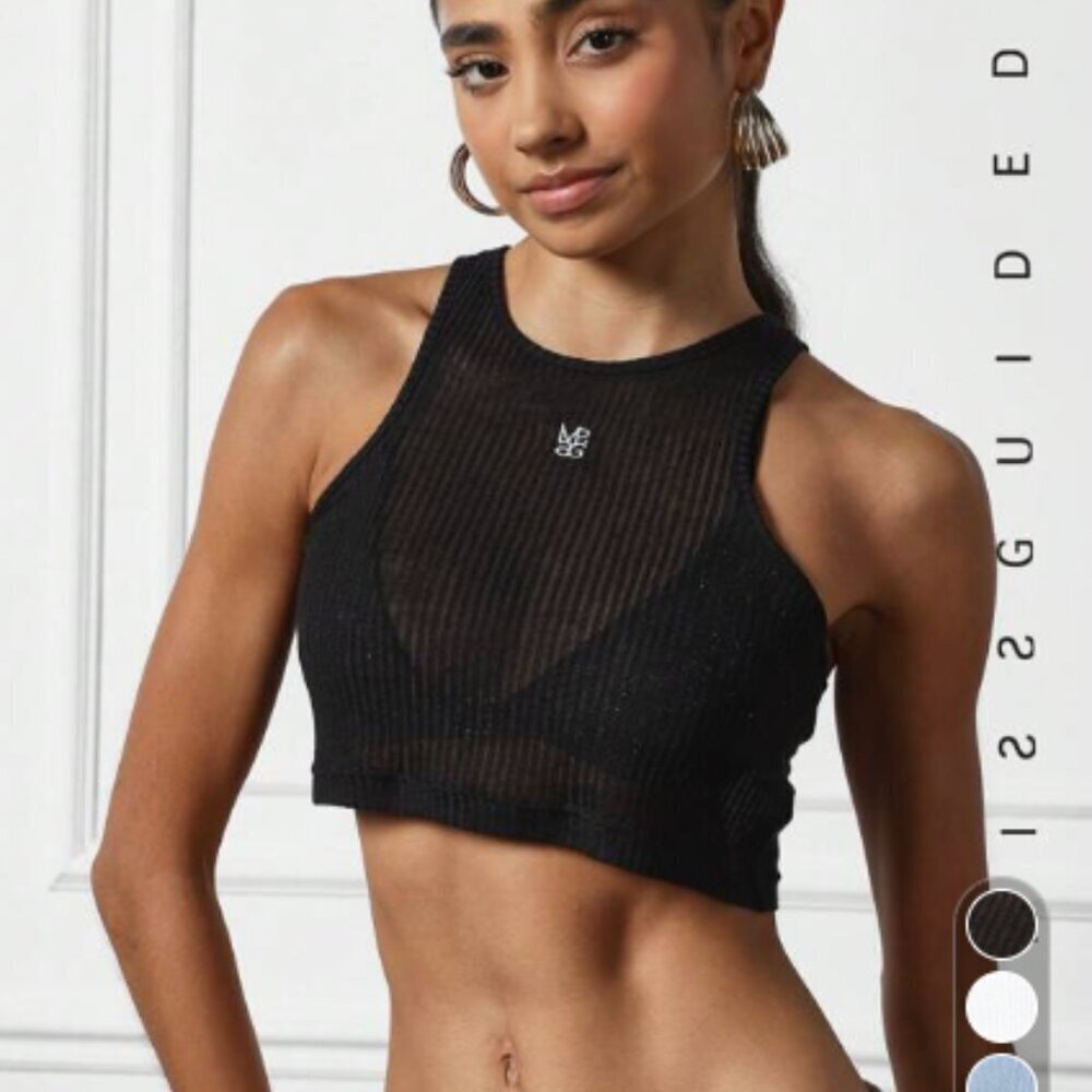 Black Cropped Sheer Ribbed Racer Back Tank Top - Picture 2 of 6